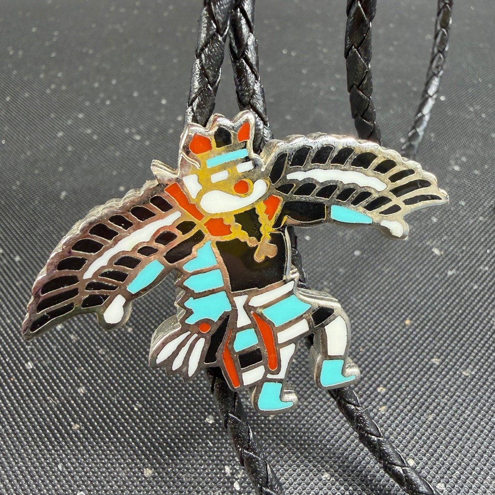 Vintage Thunderbird Kachina Enamel Bolo Tie Black Braided Cord Southwestern VTG‎ - Picture 2 of 7